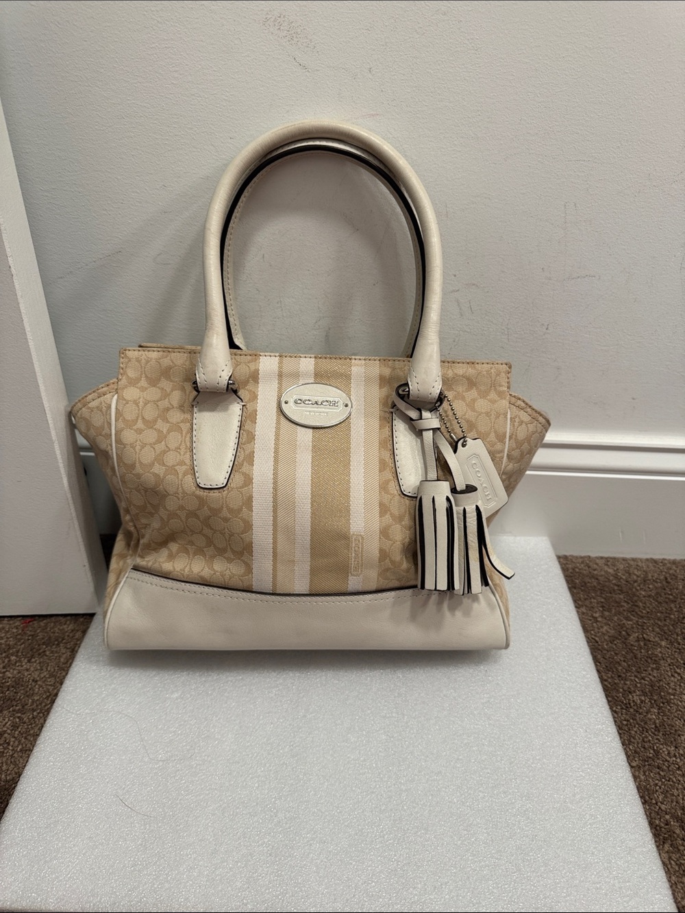 Coach legacy signature stripe Candace carryall bag purse with tassle hangtag